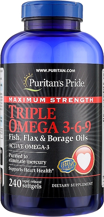 Омега-3-6-9, в капсулах - Puritan's Pride Maximum Strength Triple Omega 3-6-9 Fish, Flax & Borage Oils — фото N1