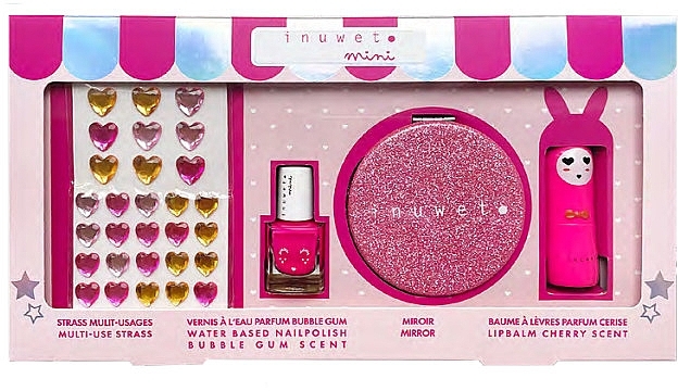 Набор - Inuwet Mini Coffret Glitter Girl Pink (lip/balm/3.5g + nail/polish/5ml + mirror/1pc + strass/1pc) — фото N1