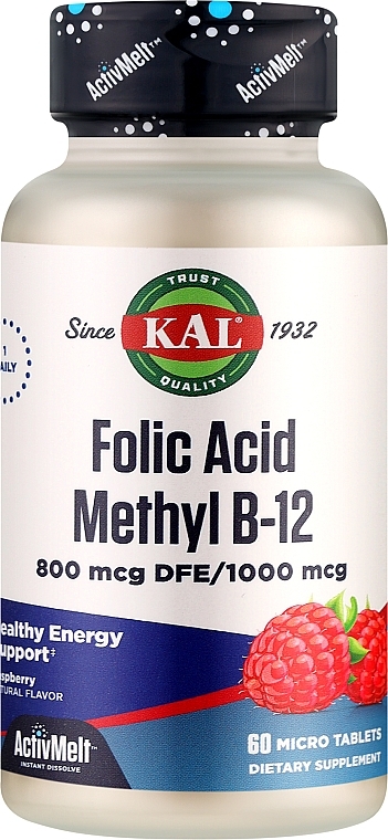 Пищевая добавка "Фолиевая кислота" 800mcg, малина - Kal Folic Acid Methyl B-12 Raspberry — фото N1