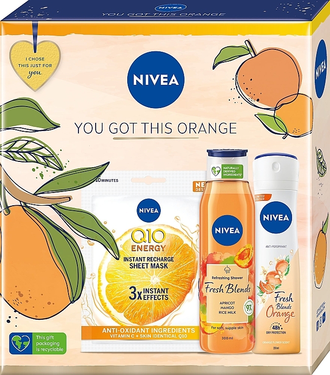 Набор - NIVEA Fresh Blends You Got This Orange (sh/gel/300ml + deo/150ml + f/mask) — фото N1