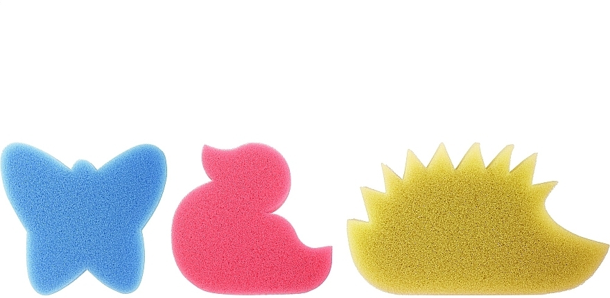 Набор детских губок для ванны, 3 шт., синяя бабочка + розовая утка + желтый еж - Ewimark — фото N1