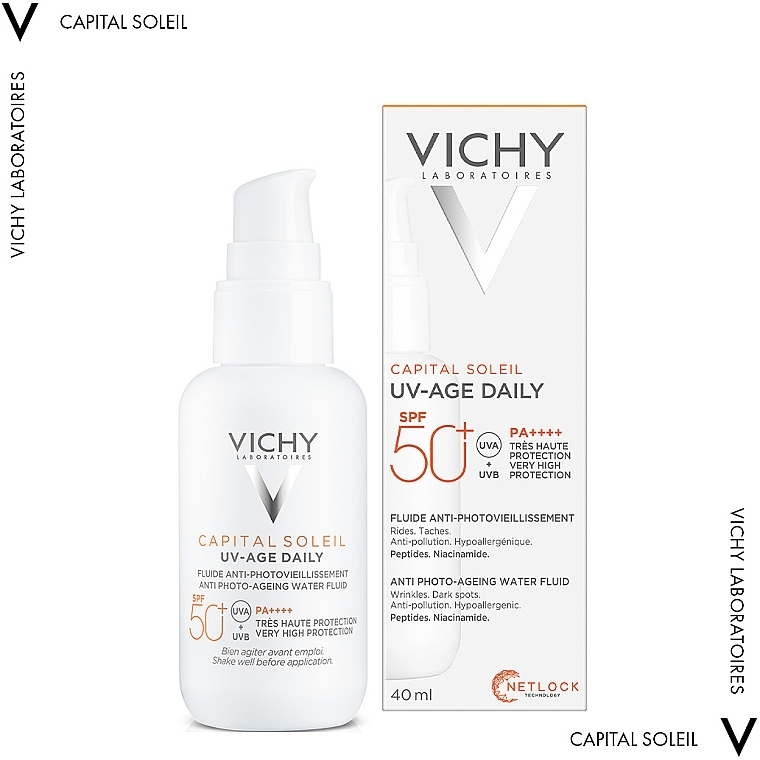 Сонцезахисний невагомий флюїд проти ознак фотостаріння шкіри обличчя, SPF 50+ - Vichy Capital Soleil UV-Age Daily — фото N2