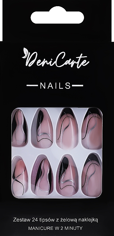 Накладні нігті з мотивом з ниток чорного та сріблястого кольору, 24 шт. - Deni Carte Nails Natural 2 Minutes Manicure — фото N1
