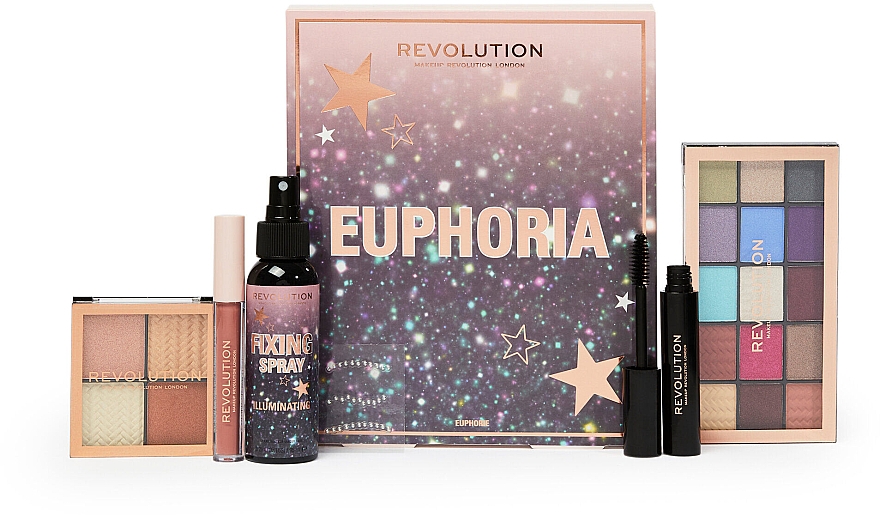 Набор - Makeup Revolution Euphoria Makeup Gift Set (eyeshadow/15x1.1g + highlighter/4x1.1g + fix/spray/95ml + lipstick/2.5ml + mascara/7ml + face jewels) — фото N1