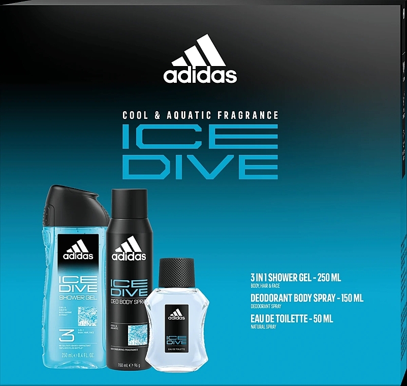 Adidas Ice Dive - Набор (edt/50ml + spray/150ml + sh/gel/250ml) — фото N1