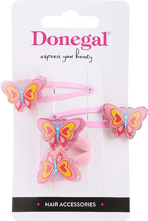Набір затискачів і резинок для волосся, FA-5663+1, рожеві з метеликами - Donegal — фото N1