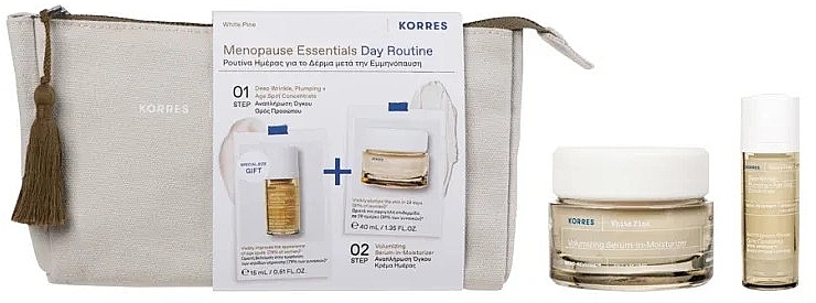 Набір - Korres White Pine Menopause Essentials Day Routine Set (d/cr/40ml + ser/15ml + bag) — фото N1