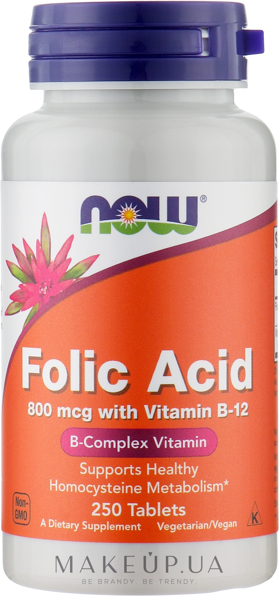 Дієтична добавка "Фолієва кислота 800 мкг" у таблетках - Now Folic Acid 800 mcg + B12 — фото 250шт