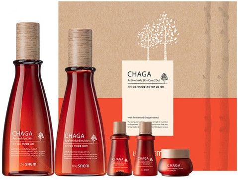 Набор - The Saem Chaga Anti-wrinkle Skin Care 2 Set (toner/160ml + emulsion/140ml + toner/20ml + emulsion/20ml + cr/8ml) 