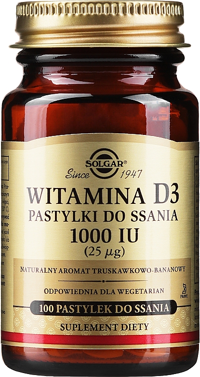 Харчова добавка  з полунично-банановим смаком "Вітамін D3", 25 мкг - Solgar Vitamin D3 1000 IU — фото N1