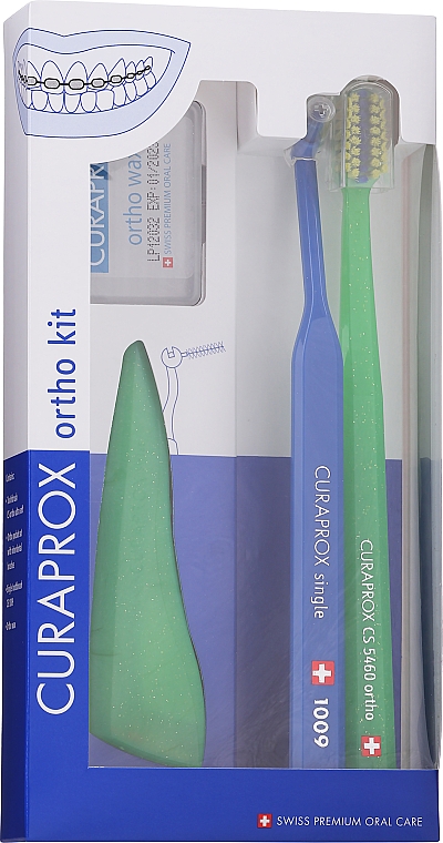 Набор, вариант 7 (салатовый, темно-синий) - Curaprox Ortho Kit (brush/1pcs + brushes 07,14,18/3pcs + UHS/1pcs + orthod/wax/1pcs + box) — фото N1