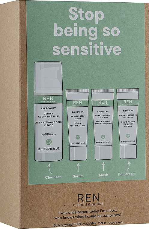 Набор - Ren Clean Skincare Evercalm Stop Being So Sensitive! Kit (milk/50ml + day/cr/15ml + mask/10ml + ser/10ml) — фото N1