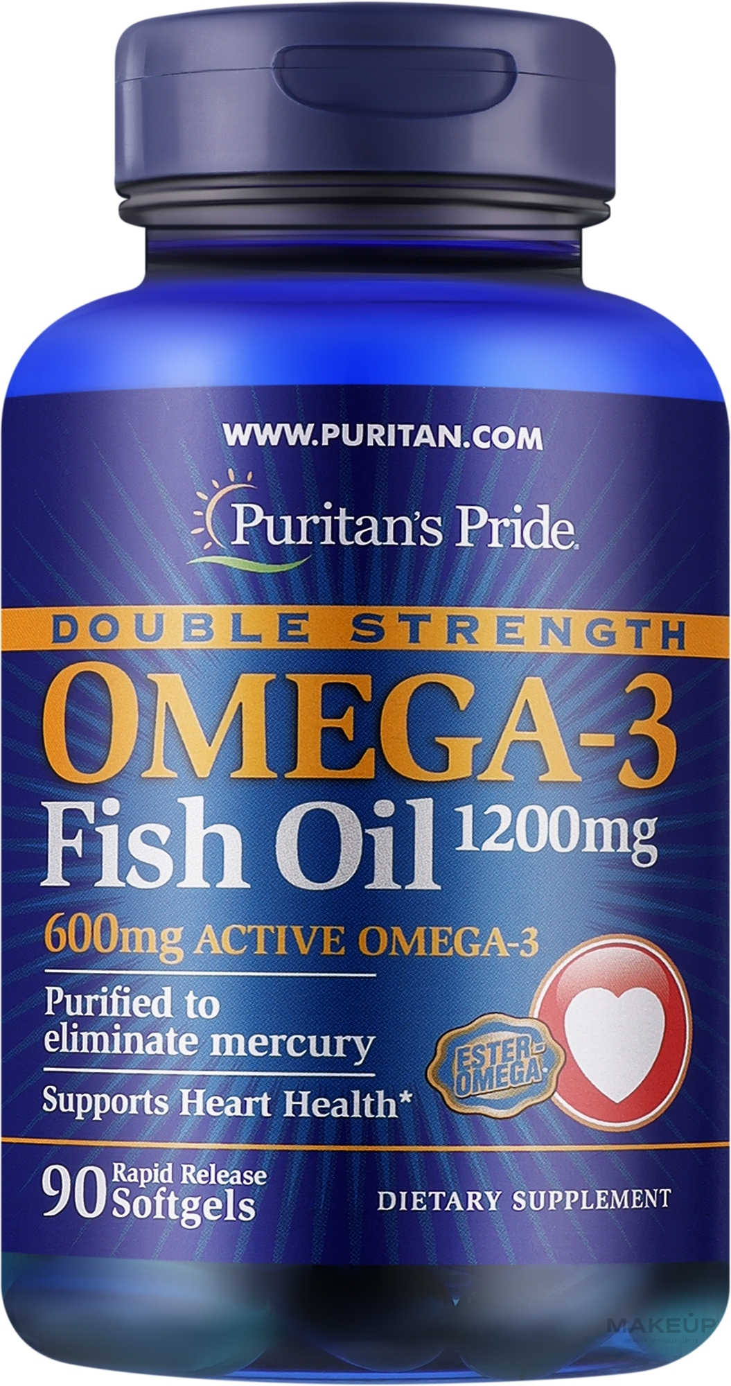 Омега-3, 1200 мг - Puritan's Pride Double Strength Omega-3 Fish Oil 1200mg/600mg Softgels — фото 90шт