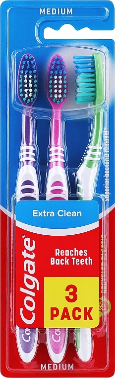 Зубная щетка, средняя, салатовая + фиолетовая + розовая - Colgate Extra Clean Medium — фото N1