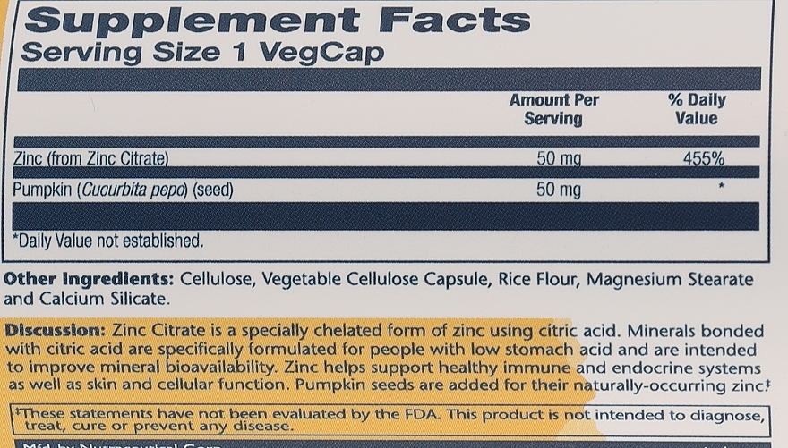 Харчова добавка "Цитрат цинку з гарбузовим насінням", 50 мг - Solaray Zinc Citrate With Pumpkin Seed 50 mg — фото N3