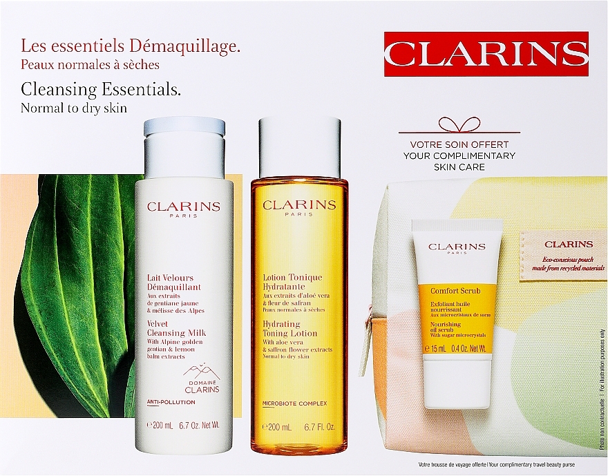 Набір - Clarins Cleansing Essentials for Normal Skin (f/milk/200ml + f/lot/200ml + f/scrub/15ml + bag) — фото N1