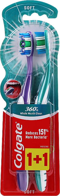 Зубні щітки "Суперчистота", м'які, фіолетова й зелена - Colgate 360 Whole Mouth Clean Soft — фото N1