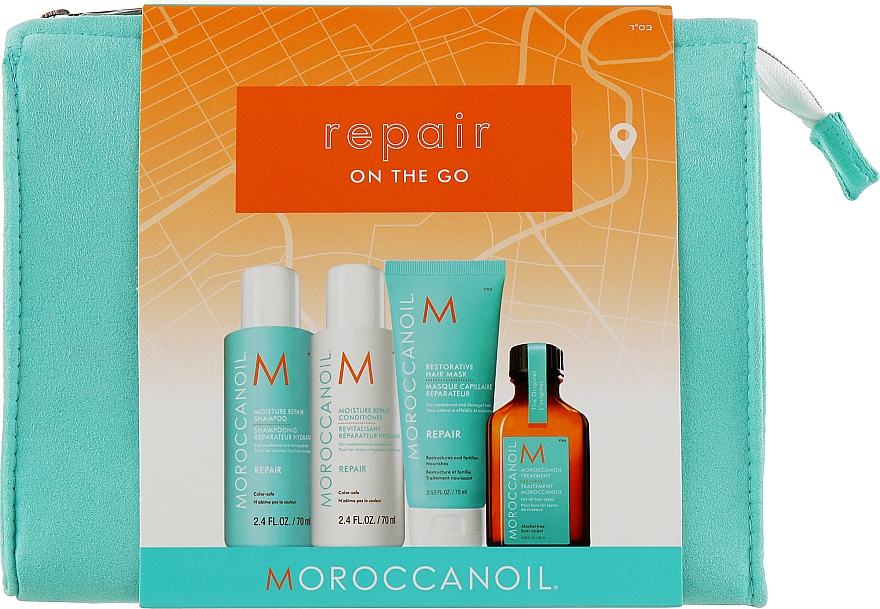 Набор "Восстановление" - MoroccanOil Repair On The Go (mask/75ml + sh/70ml + cond/70ml + oil/25ml + bag) — фото N1