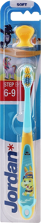 Детская зубная щетка Step by Step (6-9) мягкая, с колпачком, желтая с голубым - Jordan — фото N1