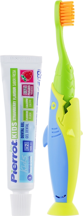 Набор детский "Акула", зеленый + голубой + салатовый - Pierrot Kids Sharky Dental Kit (tbrsh/1шт + tgel/25ml + press/1шт) — фото N2