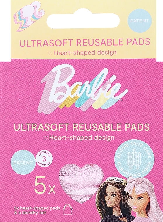 Косметические диски для снятия макияжа, многократного использования, 5 шт, розовые - Glov Barbie Collection Ultrasoft Reusable Heart Pads — фото N1