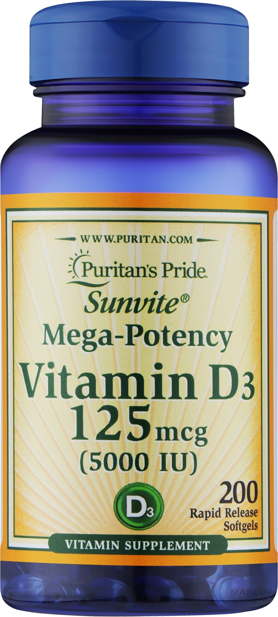 Пищевая добавка "Витамин D3" - Puritan's Pride Mega-Potency Vitamin D3 5000 IU — фото 200шт