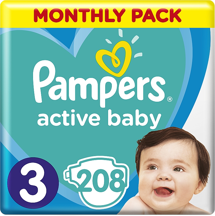 Дитячі одноразові підгузки Active Baby-Dry Розмір 3 (Midi) 5-9 кг, 208 шт. - Pampers — фото N1