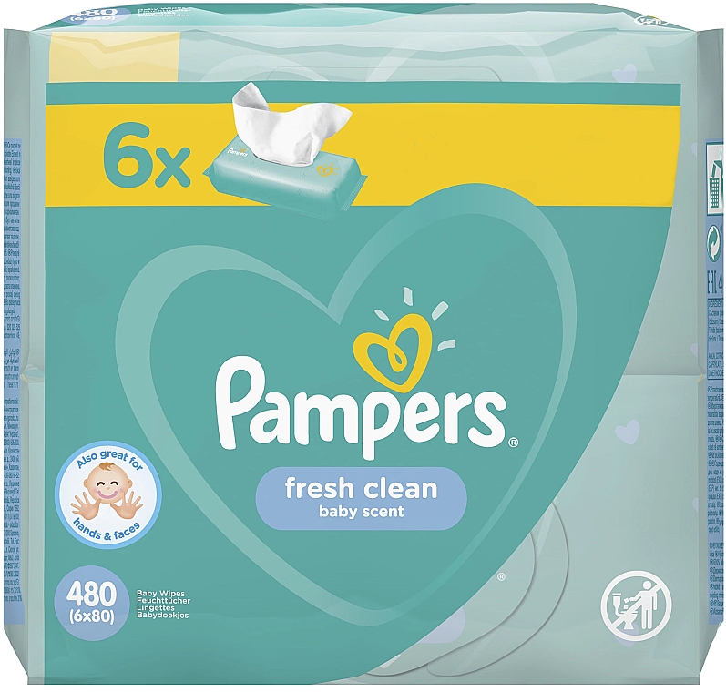 Дитячі вологі серветки "Baby Fresh Clean", 6х80 шт. - Pampers — фото N1