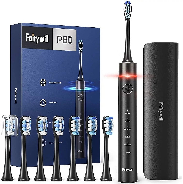 Электрическая зубная щетка, черная - Fairywill P80 Black Electric Toothbrush With 8 Bursh Heads & Travel Case — фото N1