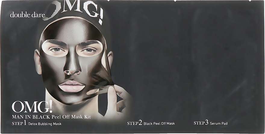Комплекс чоловічих масок трикомпонентний "Пом'якшення та відновлення" - Double Dare OMG! Man In Black Peel Off Mask Kit — фото N1