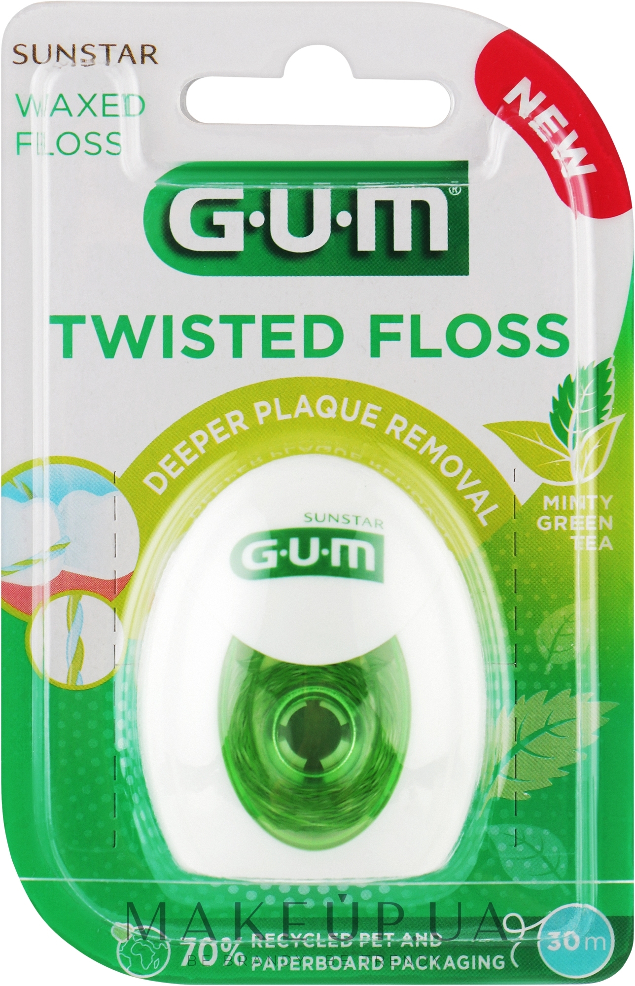Зубна нитка вощена з м'ятою - G.U.M Sunstar Waxed Twisted Floss — фото 30м
