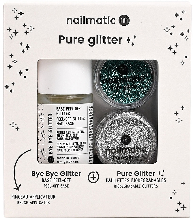 Набор - Nailmatic Pure Glitter Turquoise/Silver Glitter (base/8ml + glitter/2pcs + brush) — фото N1