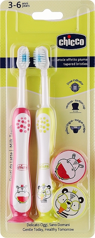 Набір зубних щіток на присоску, 3-6 років, рожева та жовта - Chicco Milk Teeth (toothbrush/2pcs) — фото N1