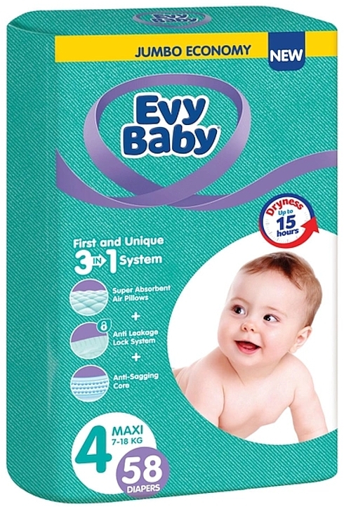 Подгузники детские гигиенические одноразовые Maxi Jumbo 4, 7-18 кг, 58 шт. - Evy Baby  — фото N1