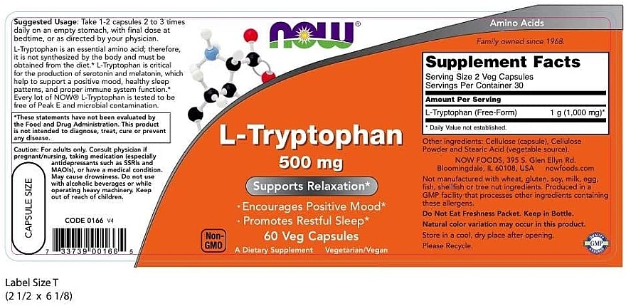 Капсули L-триптофан, 500 мг. - Now Foods L-Tryptophan — фото N4