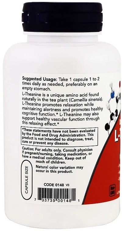 Пищевая добавка "L-теанин", 200 мг - Now Foods L-Theanine Double Strength Veg Capsules — фото N4