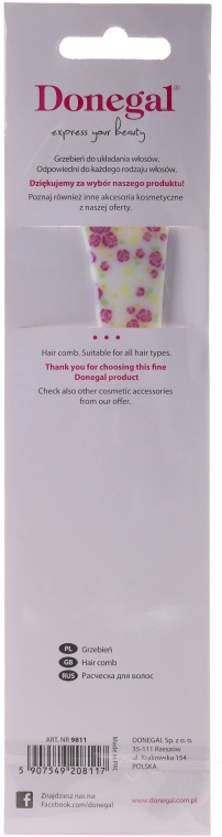 Гребень для волос 21.6 см, 9811, разноцветный в цветы - Donegal Floral Hair Comb — фото N2