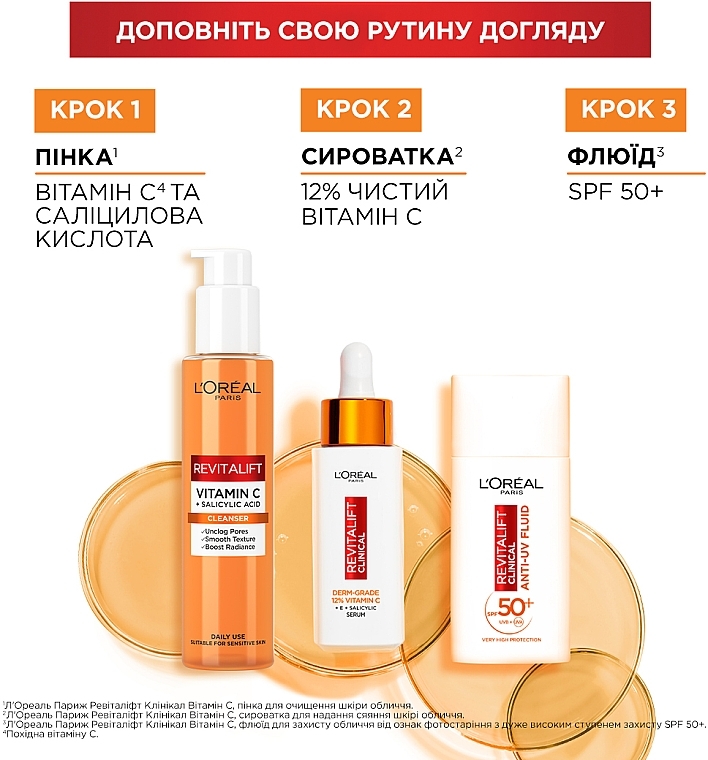 Флюїд з вітаміном С для захисту обличчя SPF 50 - L'Oreal Paris Revitalift Clinical SPF50+ Anti-UV Fluid — фото N10