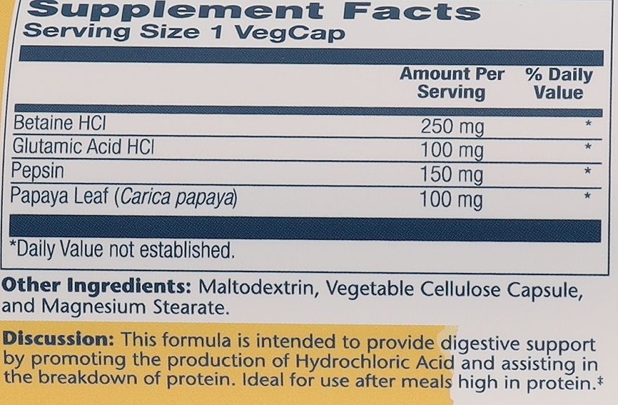 Пищевая добавка "Бетаин HCL с пепсином", 250 мг - Solaray Betaine HCL with Pepsin 250 mg — фото N3