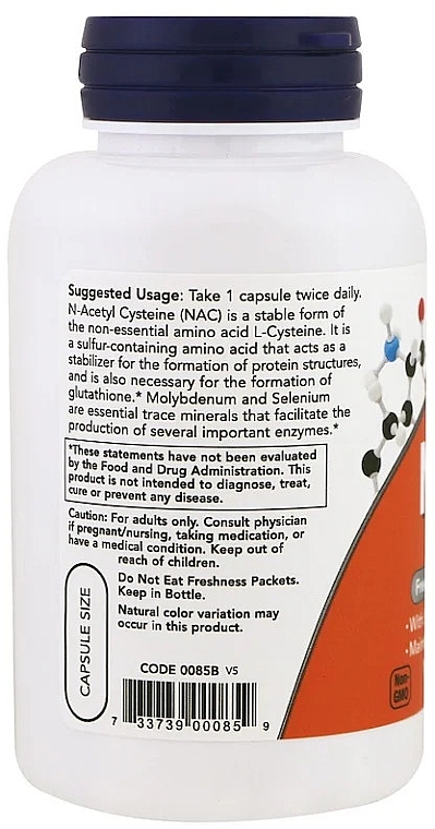 Пищевая добавка "N-Ацетилцистеин", 600 мг - Now Foods NAC Veg Capsules — фото N3