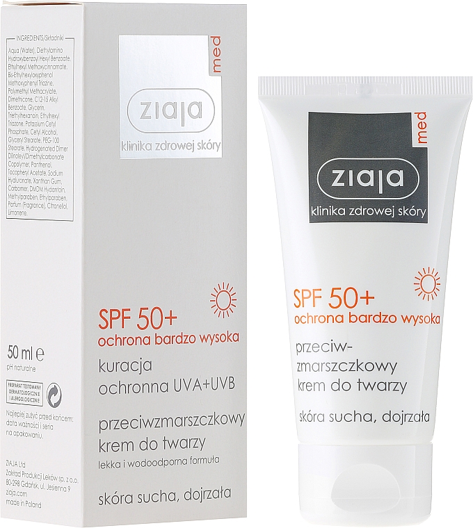 Крем для обличчя проти зморшок для зрілої і сухої шкіри SPF 50+ - Ziaja Med Cream Wrinkle Dry Spf 50