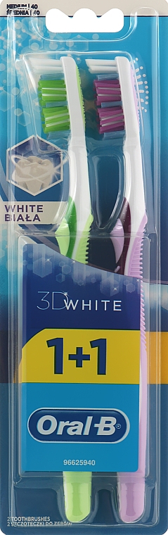 Набір зубних щіток, 40 середньої жорсткості, фіолетова + салатова - Oral-B Advantage 3D White 1 + 1
