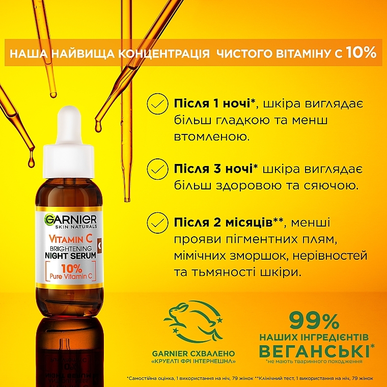 Нічна сироватка з вітаміном С для зменшення видимості пігментних плям, зморшок та вирівнювання тону шкіри обличчя - Garnier Skin Active Vitamin C Night Serum — фото N9