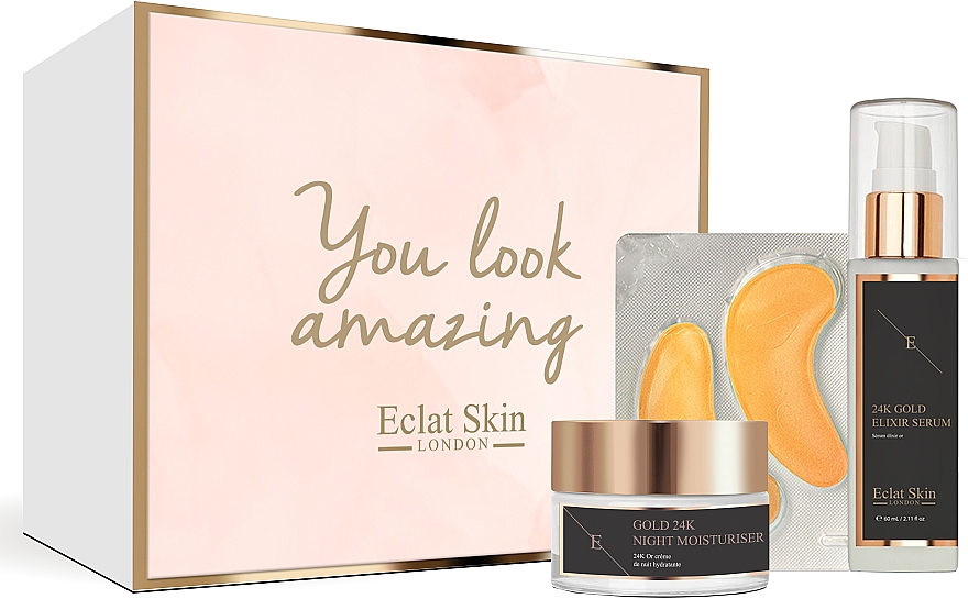 Набір - Eclat Skin London 24K Gold Anti-Wrinkle Retinol Skincare Set (n/cr/50ml + ser/60ml + eye/pads/10pcs) — фото N1