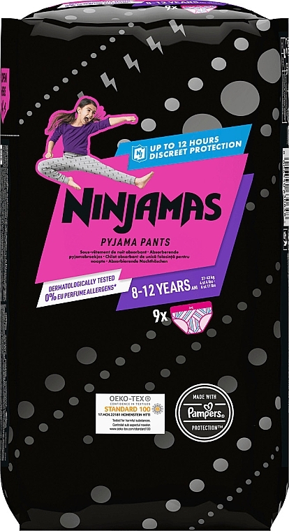 Підгузки-трусики Ninjamas Pyjama Girl Pants, 8-12 років (27-43 кг), 9 шт. - Pampers — фото N1