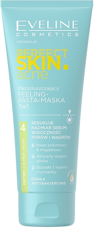 Відлущувальна маска-пілінг-паста 3 в 1 - Eveline Cosmetics Perfect Skin.acne Face peeling Mask