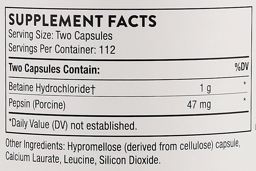 Дієтична добавка "Бетаїну гідрохлорид+ пепсин", капсули - Thorne Research Betaine HCL & Pepsin — фото N5