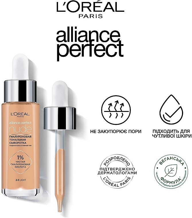 УЦІНКА Гіалуронова тональна сироватка для обличчя - L`Oréal Paris Alliance Perfect Nude * — фото N4