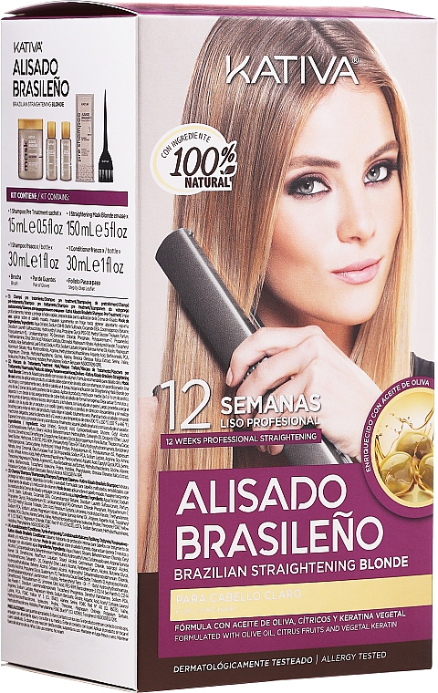 Набір для кератинового виплямлення волосся, для блондинок - Kativa Alisado Brasileno Straighten Blonde (shm/15ml + mask/150ml + shm/30ml + cond/30ml)