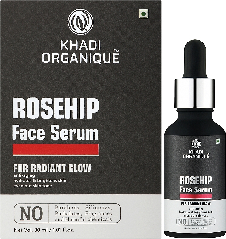 Тонізувальна зволожувальна сироватка з олією шипшини проти зморщок і пігментних плям - Khadi Organique Rosehip Face Serum Repairs & Tones Skin — фото N2